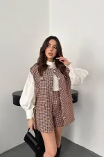 Ensemble gilet et short à motif pied-de-poule marron en gros