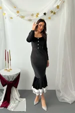 Toptan Siyah Alt Eteği Volanlı Kadife Elbise