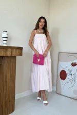 Robe en mousseline rayée rose à bretelles en gros