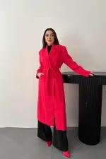 Toptan Fuşya Kuşaklı Midi Kaban