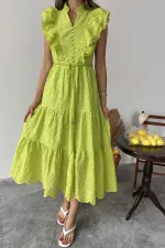 Robe boutonnée à volants vert pétrole en gros