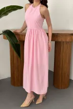 Toptan Pembe Arkası Gipeli Keten Elbise