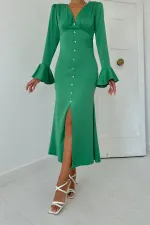 Robe en satin verte fendue et boutonnée sur le devant, vente en gros