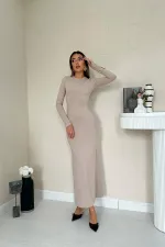 Toptan Bej Vücudu Saran Uzun Elbise