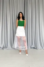 Toptan Beyaz Organze Detaylı Atlas Etek