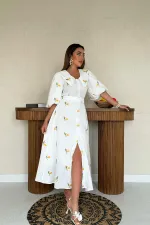 Toptan Pembe Yakası Çiçek Motifli Kemerli Elbise