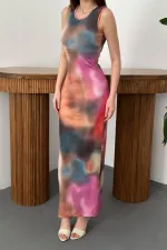 Toptan Bej Batik Desenli Elbise