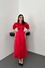 Robe boutonnée en satin rouge en gros