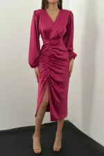 Robe en satin fuchsia à col en V en gros