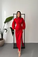 Robe fendue à jupe plissée rouge en gros
