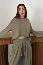 Ensemble haut et bas kaki à manches longues en gros