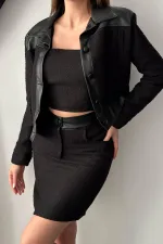 Ensemble veste et pantalon garnis de cuir noir triple en gros
