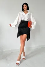 Toptan Siyah Püsküllü Saten Etek