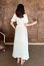 Toptan Bej Kruvaze Yaka Müslin Keten Elbise