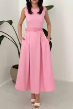 Toptan Pembe Halter Yaka Kloş Elbise