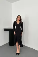 Toptan Siyah Volanlı Atlas Elbise