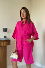 Ensemble chemise et short en lin fuchsia à manches courtes en gros