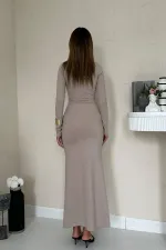 Toptan Bej Vücudu Saran Uzun Elbise