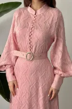 Toptan Pudra Kemer Detaylı Uzun Elbise