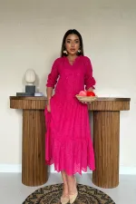 Toptan Fuşya Dantelli New Elbise