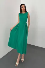 Toptan Yeşil Yanları Büzgülü Midi Boy Keten Elbise