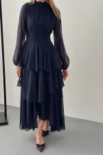 Toptan Lacivert Bel Detaylı Elbise