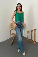 Toptan Yeşil Bağcıklı Brode Bluz