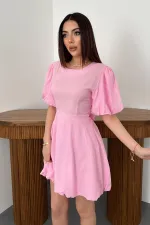 Toptan Pembe Arkadan Bağlamalı Keten Elbise