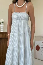 Wholesale Blue Strappy Striped Muslin Dress