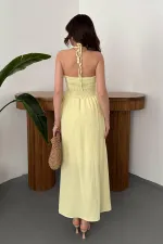 Toptan Sarı Arkası Gipeli Keten Elbise