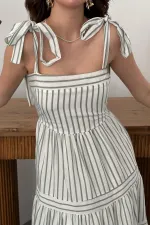 Toptan Mint Omuzdan Bağlamalı Çizgili Elbise