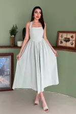 Toptan Mint Boyundan Bağlamalı Keten Elbise