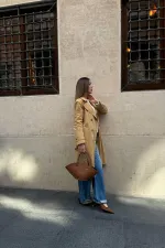 Toptan Camel Uzun Kemerli Trençkot