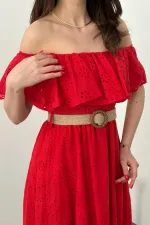 Wholesale Red Elastic Shoulder Embroidered Dress