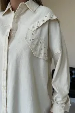 Toptan Bej Taş İşlemeli Tasarım Gömlek