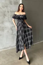 Toptan Lacivert Ekoseli Dantelli Elbise