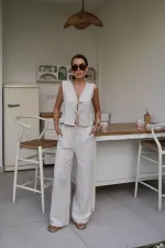 Costume en lin beige avec nœud sur le devant, vente en gros