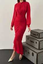 Robe en mousseline plissée rouge en gros