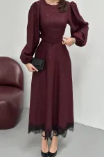 Toptan Mürdüm Kare Kabartmalı Simli Uzun Elbise