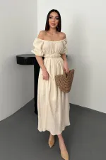 Toptan Bej Yakası Büzgülü Müslin Keten Elbise