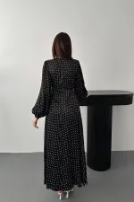 Toptan Siyah Saten Puantiyeli Dantel Detaylı Elbise