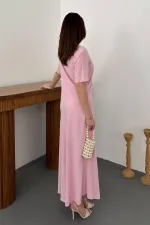 Toptan Pudra Pileli Bisiklet Yaka Elbise