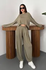 Ensemble haut et bas kaki à manches longues en gros