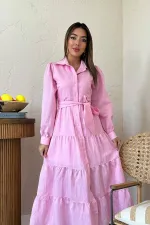 Toptan Pembe Kuşaklı Çizgi Desenli Elbise