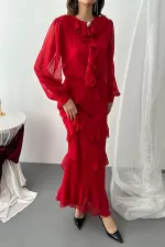 Toptan Kırmızı Fırfırlı Şifon Takım