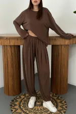 Ensemble haut et bas marron à manches longues en gros