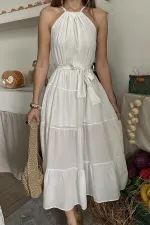 Toptan Ekru Halter Yakalı Kuşaklı Elbise