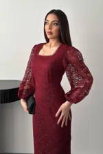 Toptan Bordo Güpür Detaylı Dantel Elbise