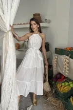 Toptan Ekru Halter Yakalı Kuşaklı Elbise