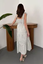 Toptan Mint Omuzdan Bağlamalı Çizgili Elbise